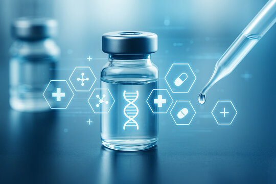 AI generated conceptual medical image featuring a vaccine vial with pipette and futuristic hexagon digital health icons in a clean modern laboratory atmosphere