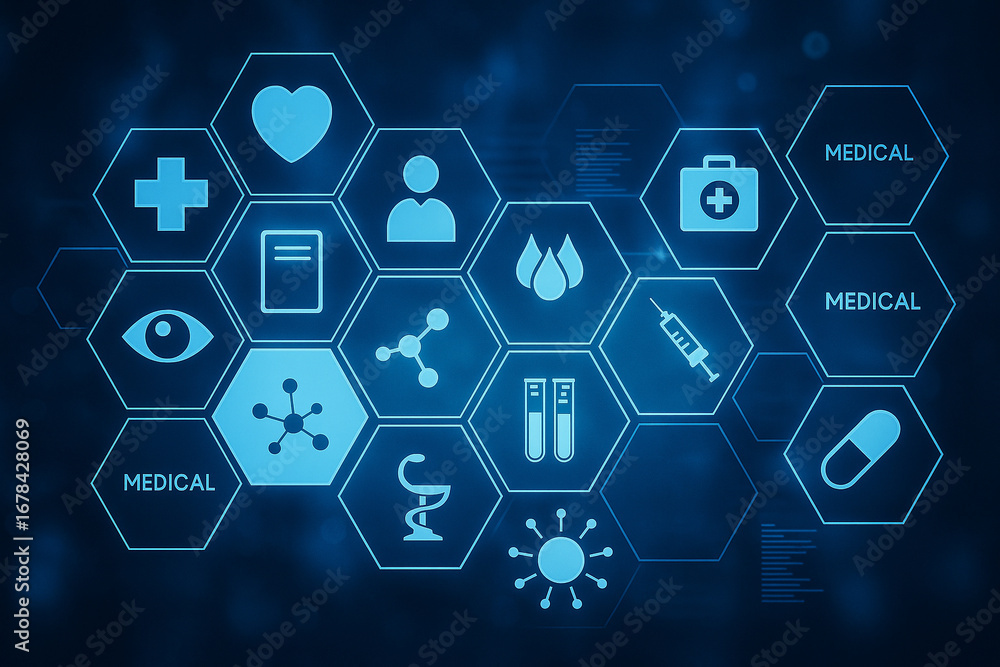 Poster ai generated futuristic digital health interface with glowing medical icons and hexagonal network de