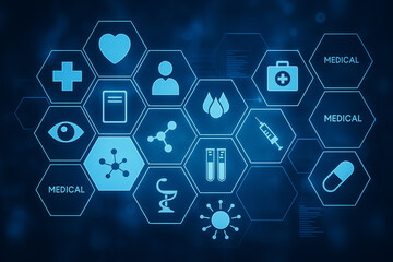 AI generated futuristic digital health interface with glowing medical icons and hexagonal network design symbolizing innovation technology and modern healthcare system