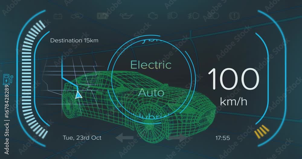 Poster animation of data processing and media icons on black background