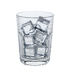 clear glass filled with ice cubes, reflecting light beautifully, perfect for refreshing drinks, isolated on white or transparant background, PNG format.