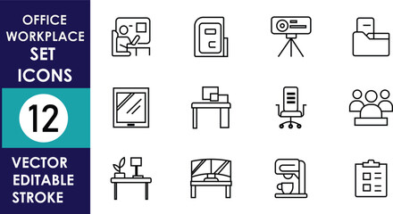 Minimalist office workplace vector icons set featuring desk, chair, computer, projector, folder, people, window, coffee machine, clipboard, and decorative items, designed with clean editable stroke