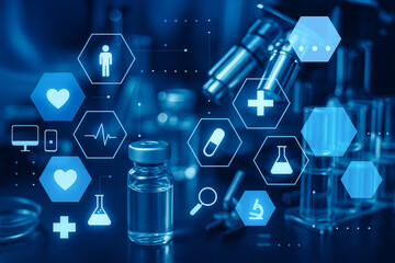AI generated concept of pharmaceutical research with medical icons hexagon interface blending laboratory equipment and digital healthcare innovation in a futuristic clean atmosphere