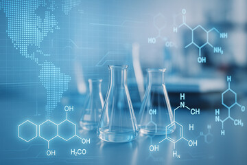AI generated laboratory flasks with digital chemical formulas molecular structures and world map background symbolizing global scientific research technology and biotechnology innovation