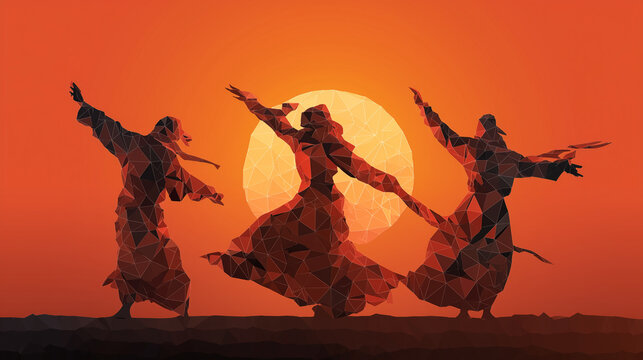 Sufi whirling dervishes silhouette, spiritual dance at sunset, mystical polygon art of traditional dancers