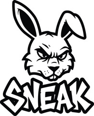 Grumpy rabbit head mascot with sneak text graffiti style vector illustration for gaming and apparel vector