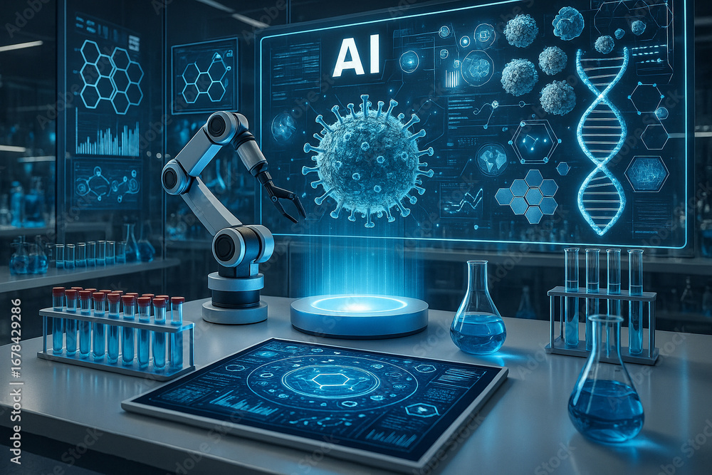 Poster ai generated laboratory with robotic arm digital screens dna molecules virus holograms glass flasks 