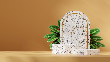 3d image render blank mockup terrazzo texture hexagonal shape in landscape arch backdrop