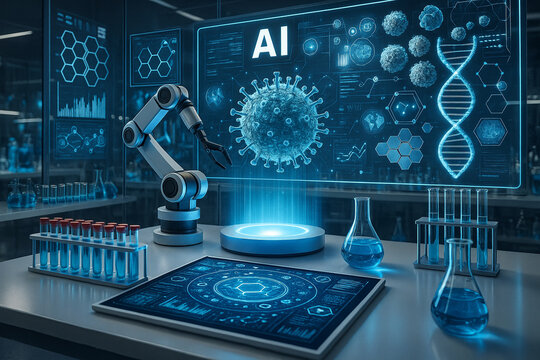 AI generated laboratory with robotic arm digital screens dna molecules virus holograms glass flasks test tubes and touchscreen interface symbolizing advanced research innovation and biotechnology - Powered by Adobe