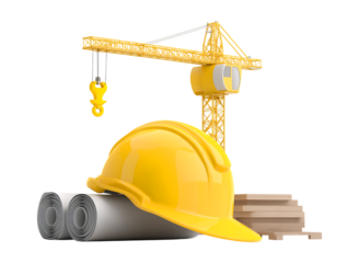 Construction Industry Essentials: Crane, Hard Hat, Blueprints, and Materials for Building Projects isolated on a transparent background