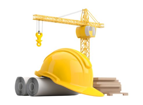 Construction Industry Essentials: Crane, Hard Hat, Blueprints, and Materials for Building Projects isolated on a transparent background - Powered by Adobe
