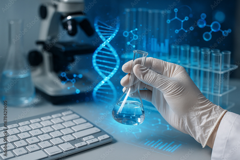 Aufkleber ai generated scientist hand with white glove holding flask with liquid and digital dna helix backgro