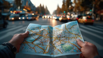 A person holds a map while standing at a busy intersection, surrounded by blurred traffic and city lights.
