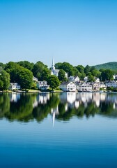 Fototapeta premium Serene lakeside town with white houses reflecting in calm water