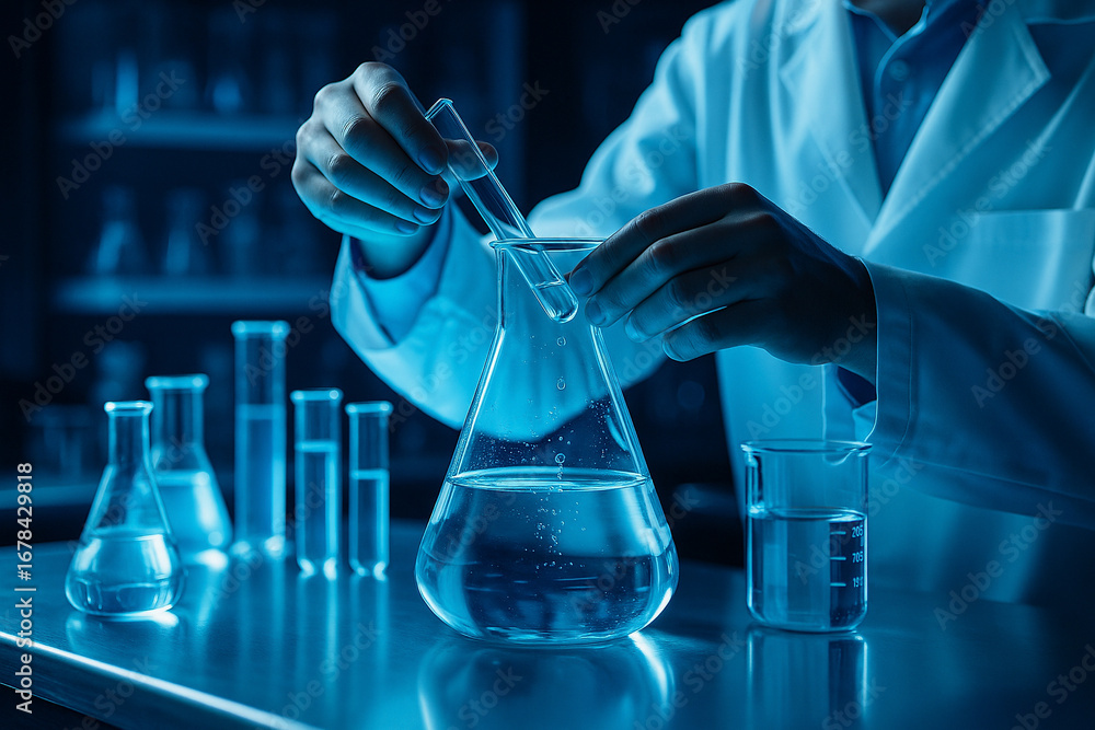 Poster ai generated modern laboratory experiment with scientist handling flask and test tube glowing blue l