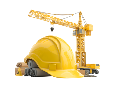 Construction Site Essentials: Crane, Hard Hat, and Building Materials isolated on a transparent background