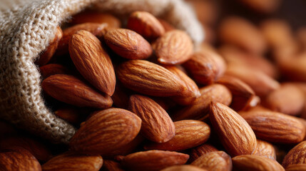 Fototapeta premium Closeup of healthy almond nut spilling from burlap bag. wholesome, organic food ingredient for nutritious snack