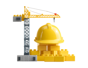 Creative Construction: Toy Crane, Safety Helmet, and Building Blocks isolated on a transparent background