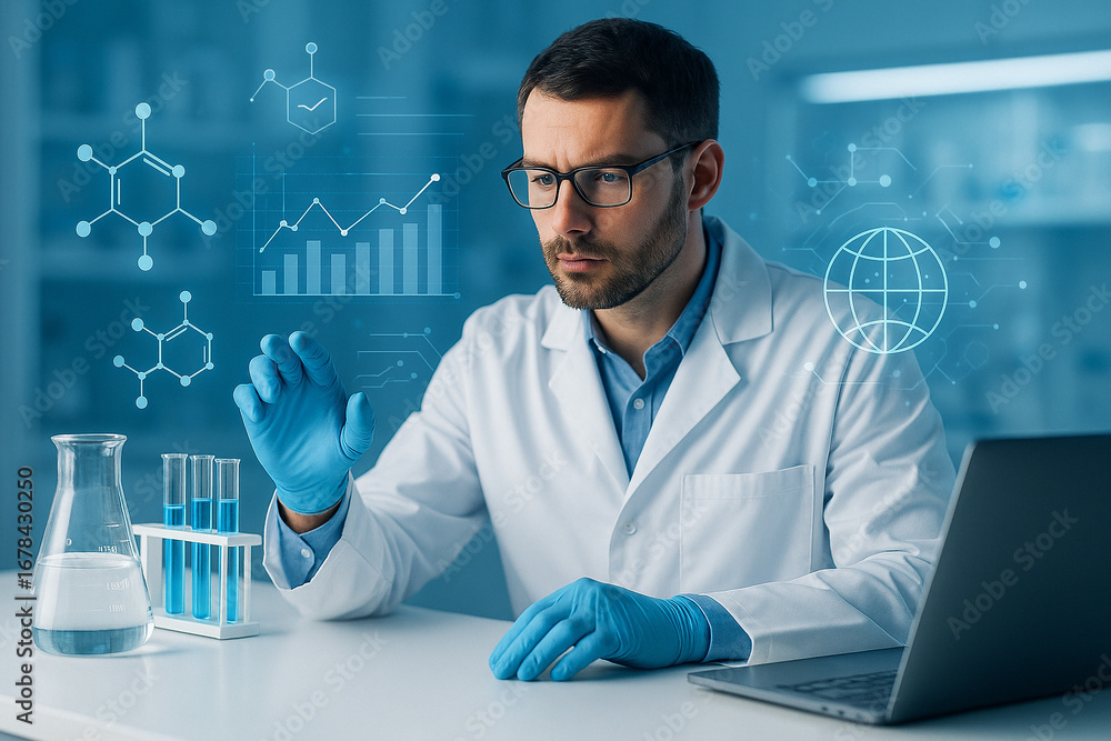 Poster ai generated futuristic of scientist in white coat with blue gloves working in laboratory using lapt