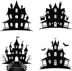 Spooky Halloween House Silhouette Vector Design, Haunted House Halloween Silhouette Clipart, Scary Halloween Haunted House Silhouette Art
