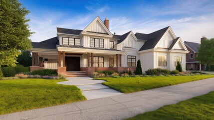 A large two-story house with traditional design features white and beige walls, black shutters, a steep gable roof,