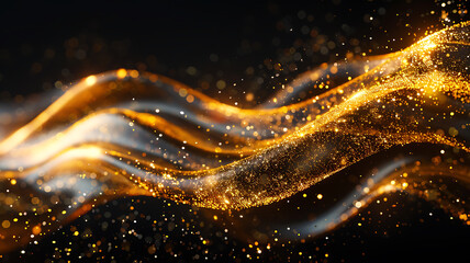 Fototapeta premium Abstract Golden Sparkle Wave: Elegant, Dark Background with Glowing Particles, Perfect for Luxury Design and Modern Art Projects.
