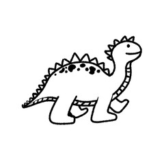 A simple black and white cartoon drawing of a friendly dinosaur with spots and spikes walking.