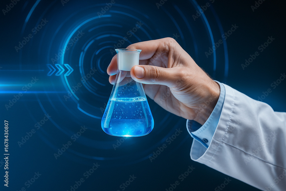 Aufkleber ai generated abstract scene of scientist hand holding flask with glowing blue liquid and digital hol