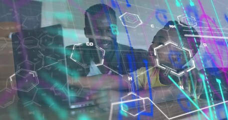 Animation of financial data processing over office - Powered by Adobe