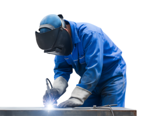 Focused Welder Creating Sparks on Metal Surface with Safety Gear isolated on a transparent background