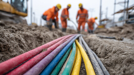 Focused construction worker team laying colorful cable in trench for new network infrastructure installation with teamwork
