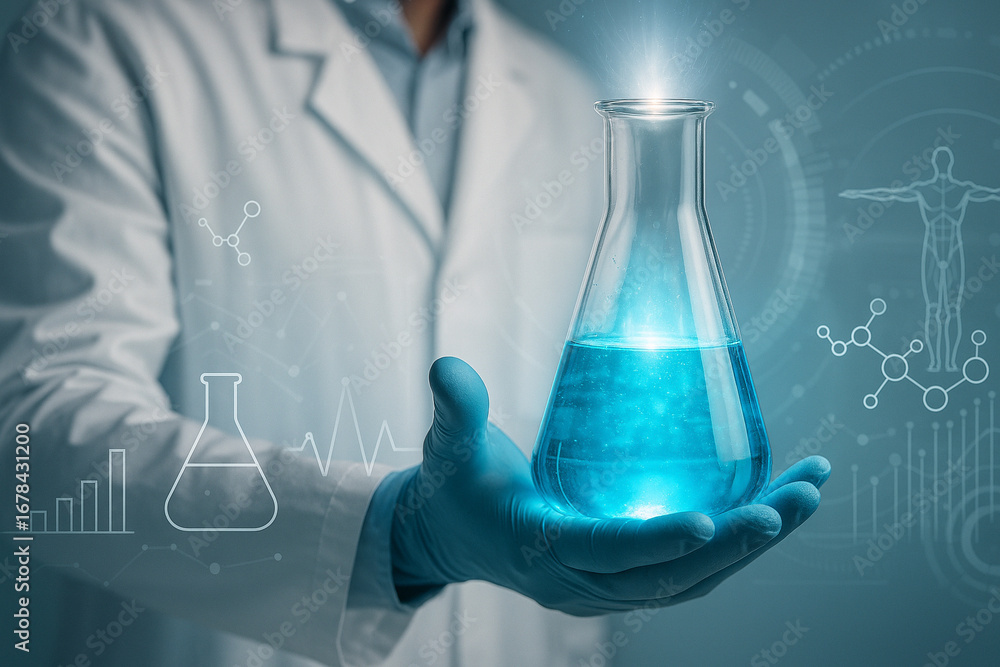 Aufkleber ai generated concept image showing scientist hand holding glowing blue liquid flask with futuristic 