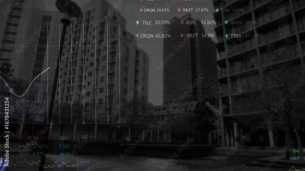 Poster animation of data processing with cityscape over cityscape