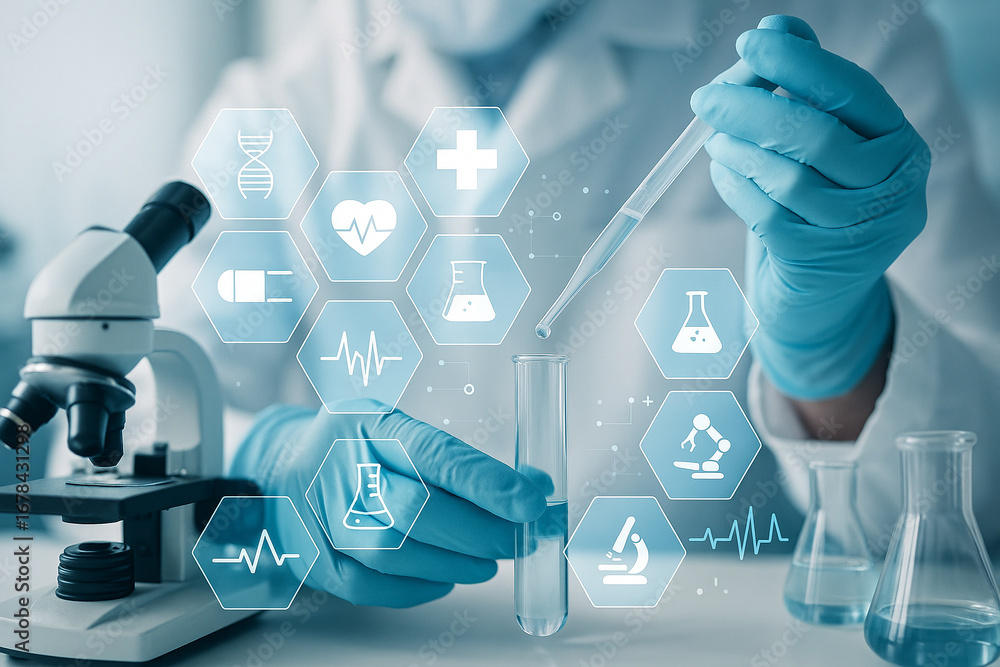 Poster ai generated futuristic concept of medical research with scientist using pipette digital hexagon int