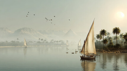 Obraz premium Serene Egyptian felucca voyage on Nile river at sunrise. traditional boat sails on calm water in hazy landscape