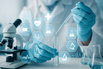 AI generated futuristic concept of medical research with scientist using pipette digital hexagon interface dna and healthcare icons in modern laboratory