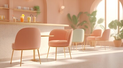 Fototapeta premium Wellness café interior with terrazzo flooring and pastel chairs, summer golden glow across space, luminous warm palette