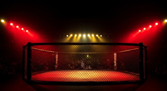 Octagon fighting ring with dramatic lighting ready for combat sport event