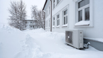 Cold winter scene of heat pump exterior unit for heating, surrounded by deep snow outside white building