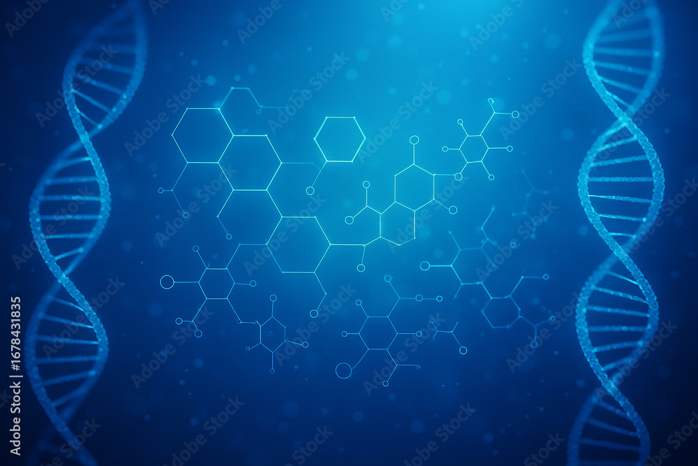 Poster ai generated futuristic concept of dna helix and molecular network with glowing hexagon digital inte