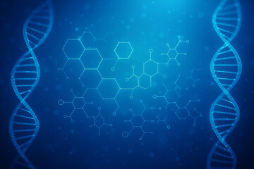 AI generated futuristic concept of DNA helix and molecular network with glowing hexagon digital interface symbolizing modern healthcare innovation and precision medicine