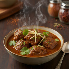 steaming hot nihari with tender meat, garnished with ginger and coriander, food close-up