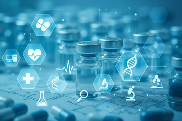 AI generated futuristic concept of digital healthcare and pharmaceutical innovation with vaccine vials and medical icons symbolizing modern medicine