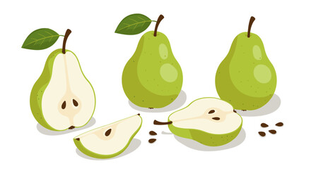 Fresh pears on white background with leaves in flat design