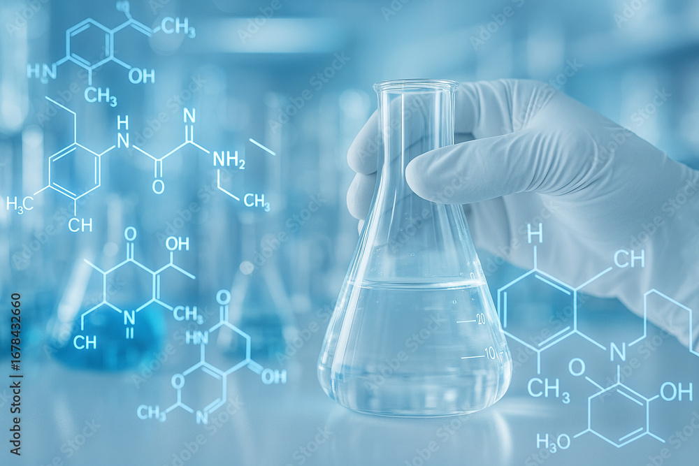 Poster ai generated concept showing gloved hand holding clear flask with molecular graphics laboratory back