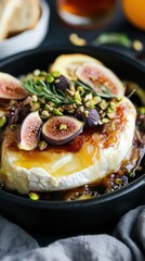 Baked brie with figs and pistachios in cast iron skillet