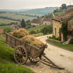 A rustic cart filled with hay with a village background