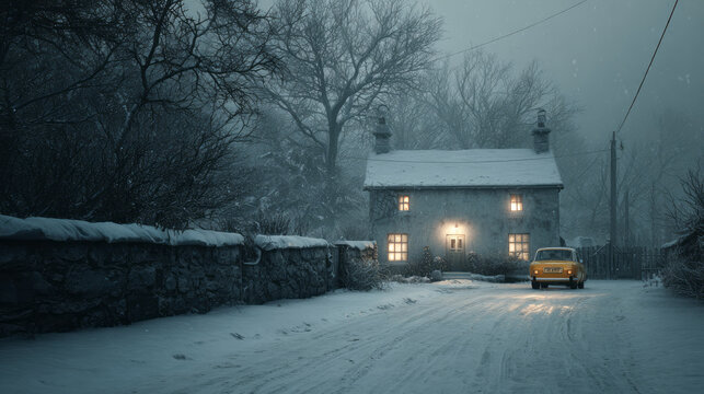 Fototapeta Cozy snowy cottage at night with illuminated window light. vintage car on rural winter road during snowstorm