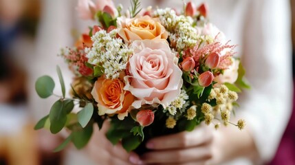 Elegant bridal bouquet with pink and peach roses held by caucasian female adult
