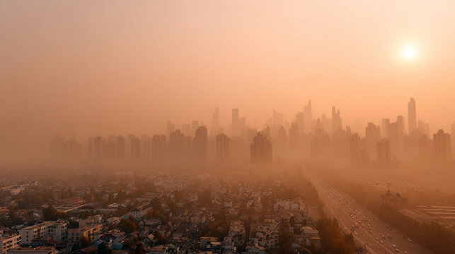 The city skyline is shrouded in pollution, dust and smog, and PM 2.5 is an environmental problem during a foggy sunrise.